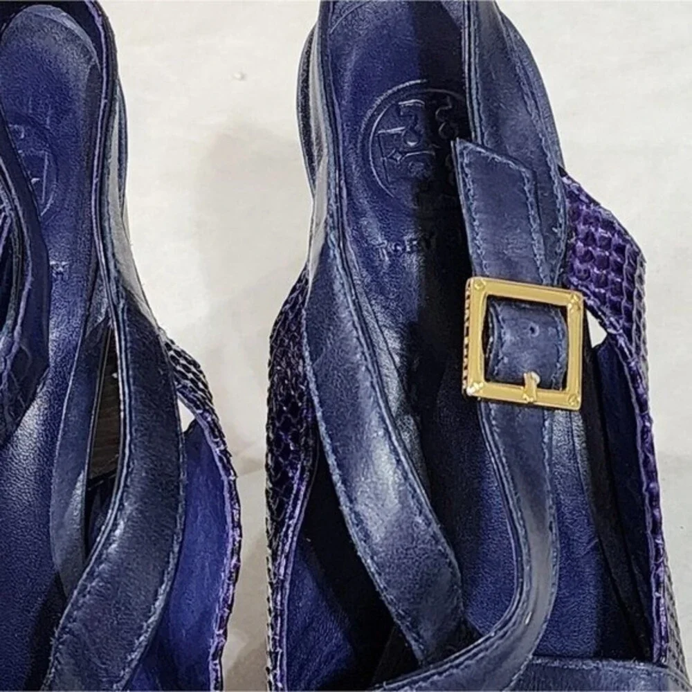 Tory Burch Purple‎ Snakeskin Leather Slingback Platform Block Heel Sandals